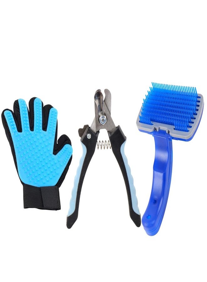 REGIIS Pet Grooming Kit, 3-Piece Set with Nail Clipper, Self-Cleaning Brush and Grooming Glove, Blue and Black - Image 1